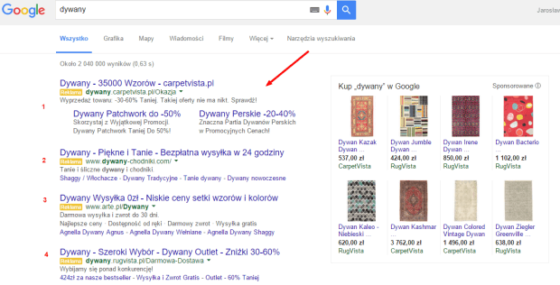 4 pierwsze wyniki Google AdWords