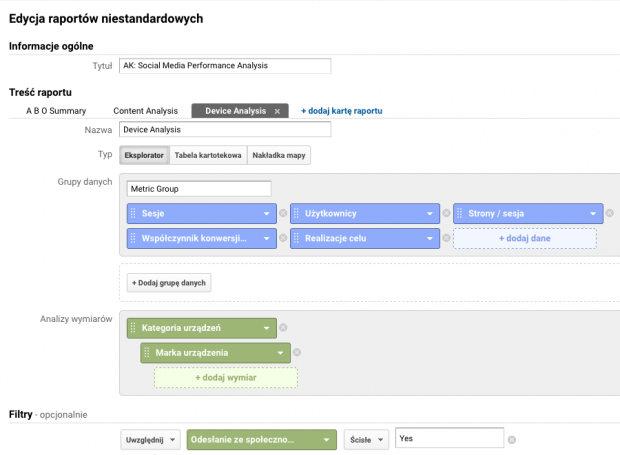 Konfiguracja raportu - Analiza wydajności mediów społecznościowych