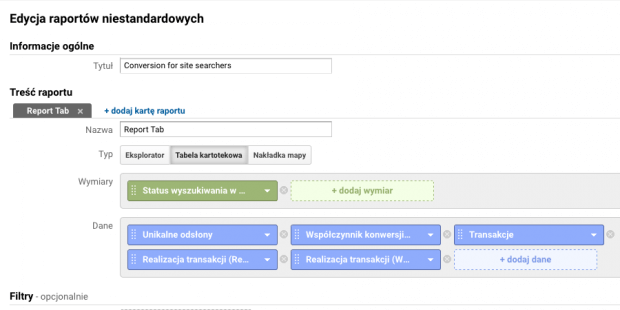 Konfiguracja raportu - Współczynnik konwersji użytkowników wyszukiwarki wewnętrznej