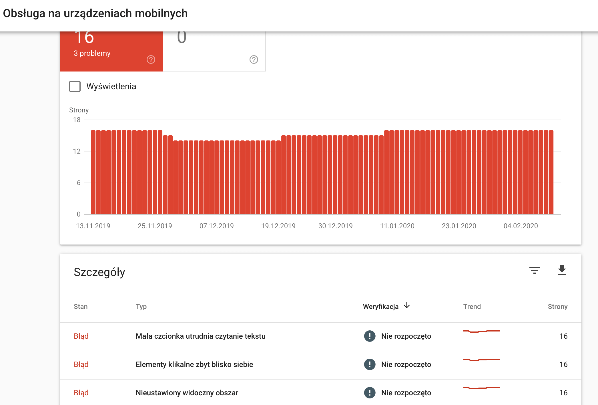 Raport Obsługa na urządzeniach mobilnych w Google Search Console