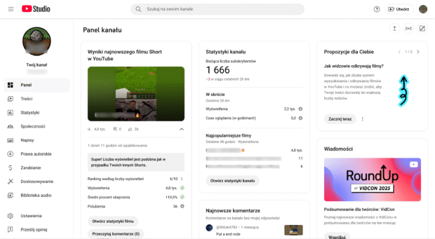 Panel kanału Youtube - widok studio